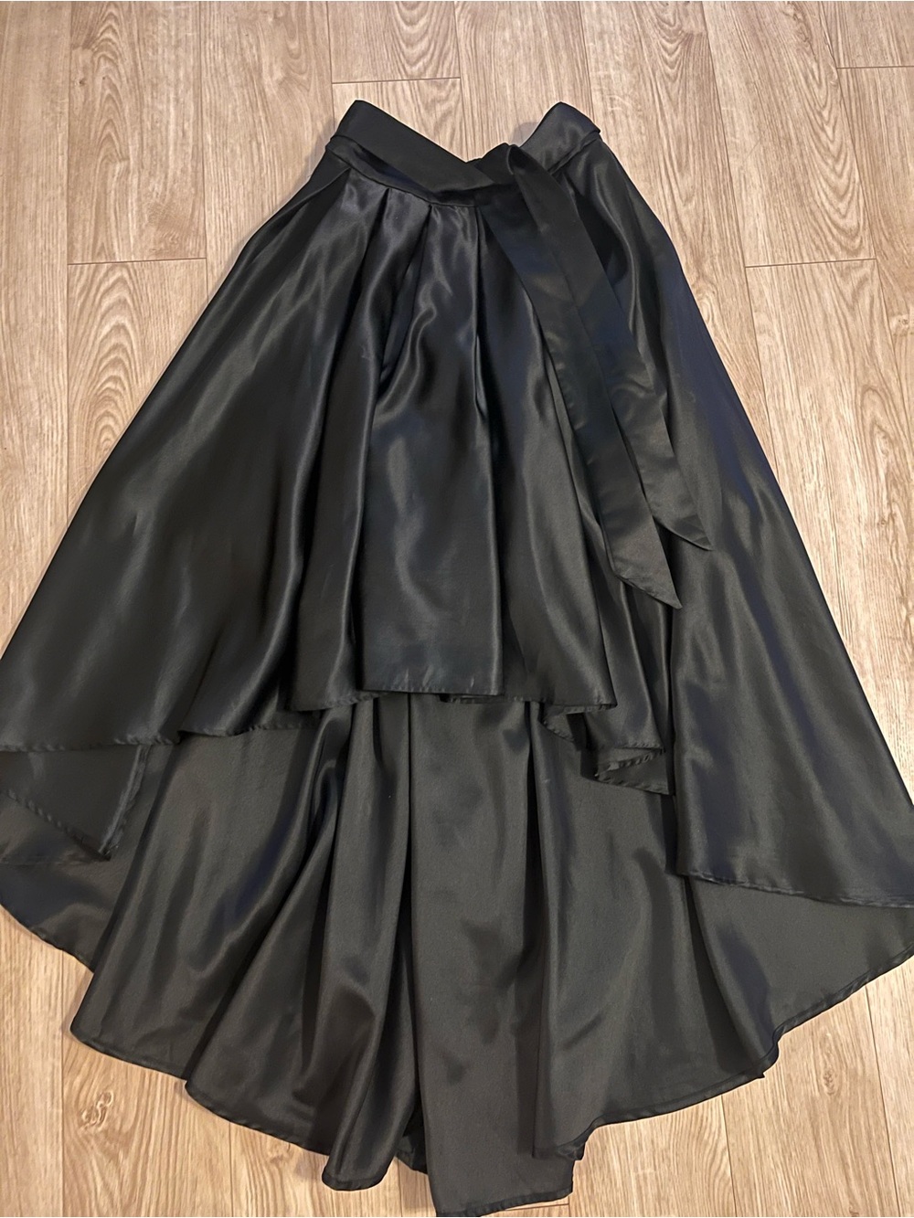 Gracia Black Satin High-Low Skirt with Waist Tie
